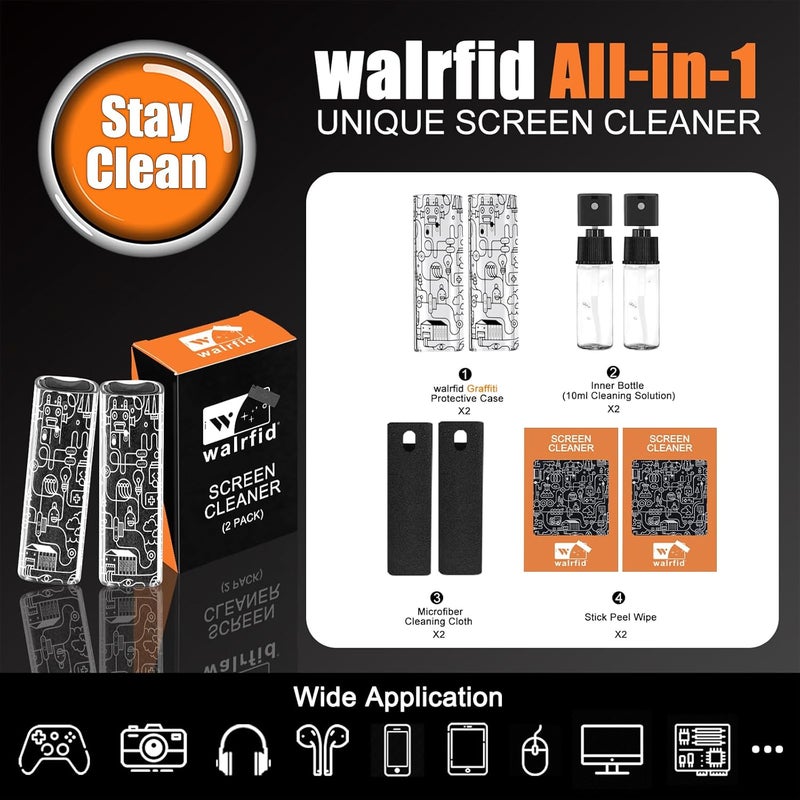 walrfid 2 Pack Car Screen Cleaner, Computer Screen Cleaner Spray and Wipe, Laptop Cleaning Mist Kit for Electronic iPad, iPhone, Phone, MacBook, TV, Monitor, Tablet Display, with Graffiti Case, Black - Image 2